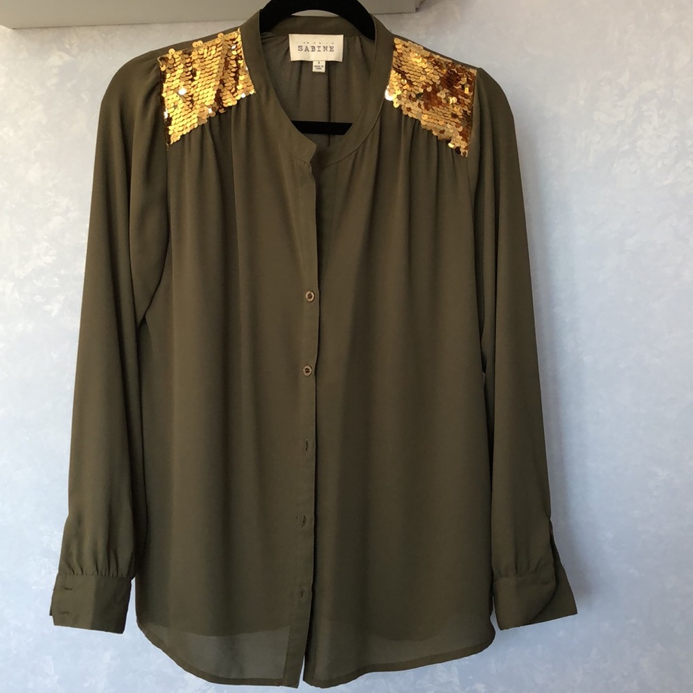 Sabine olive color button down shirt with decorative sequins on shoulders